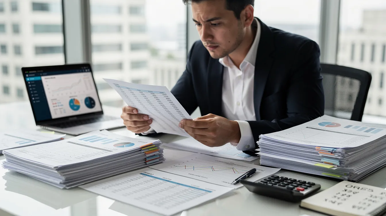 A person is sitting at a desk, carefully reviewing a stack of business documents and financial papers, likely related to their application for a mudra loan. The scene suggests the individual is assessing their satisfactory credit track record and preparing to discuss their financial assistance needs with a bank or financial institution.