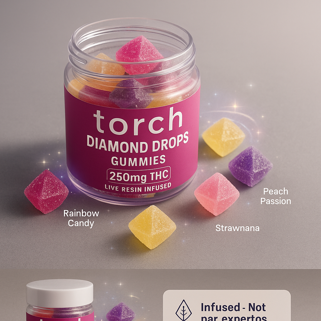 Torch Diamond Drops Gummies in a colorful, diamond shape layout with flavor variety and THC potency highlighted in a clean, premium product scene.