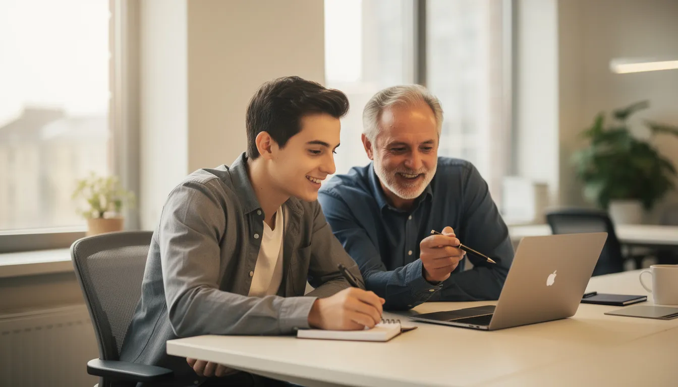 Ein junger Mann arbeitet gemeinsam mit seinem Mentor an einem Projekt, während sie sich über verschiedene Möglichkeiten für Studierende austauschen, um neben dem Studium Geld zu verdienen. Im Hintergrund sind Bücher und Notizen zu sehen, die auf die Themen Studium und berufliche Entwicklung hinweisen.