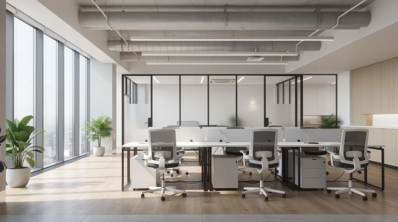 The image depicts a modern commercial office space filled with natural light, showcasing contemporary finishes and design elements that highlight the quality of completed projects in the construction industry. This inviting environment is a perfect example of how commercial construction can create functional and aesthetically pleasing workplaces for potential clients and visitors.
