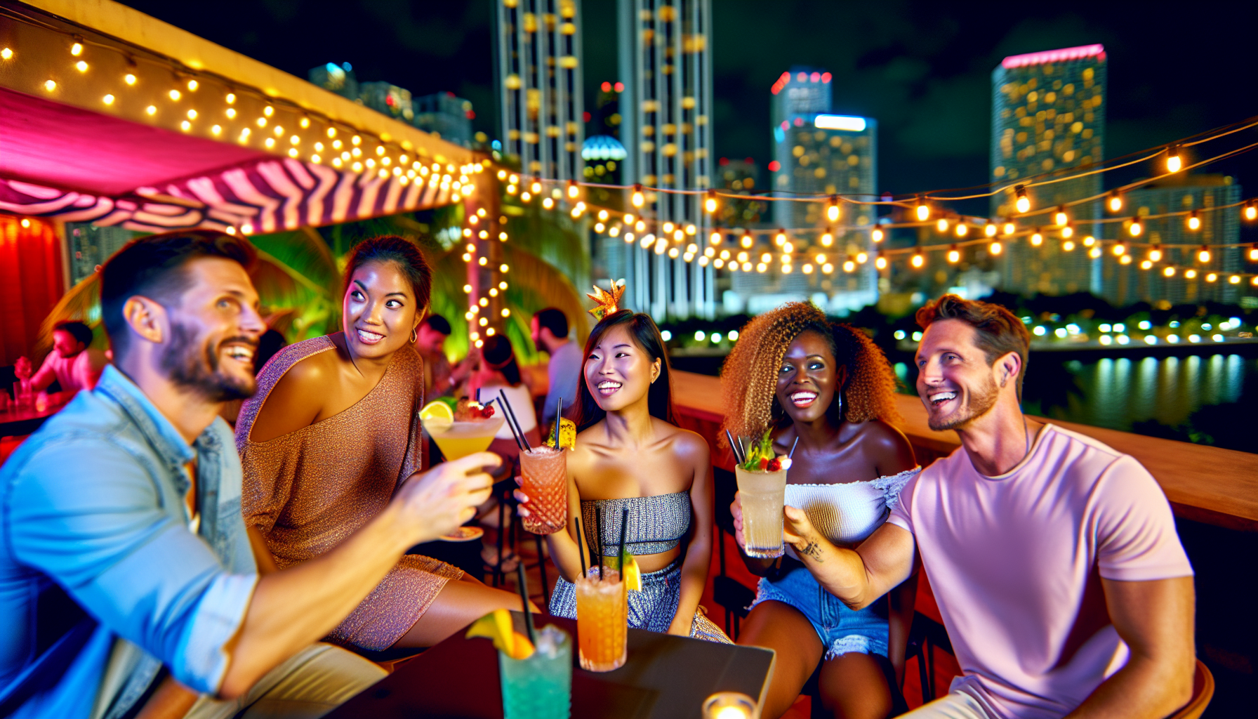 Group of friends enjoying cocktails at a rooftop bar on Las Olas Boulevard