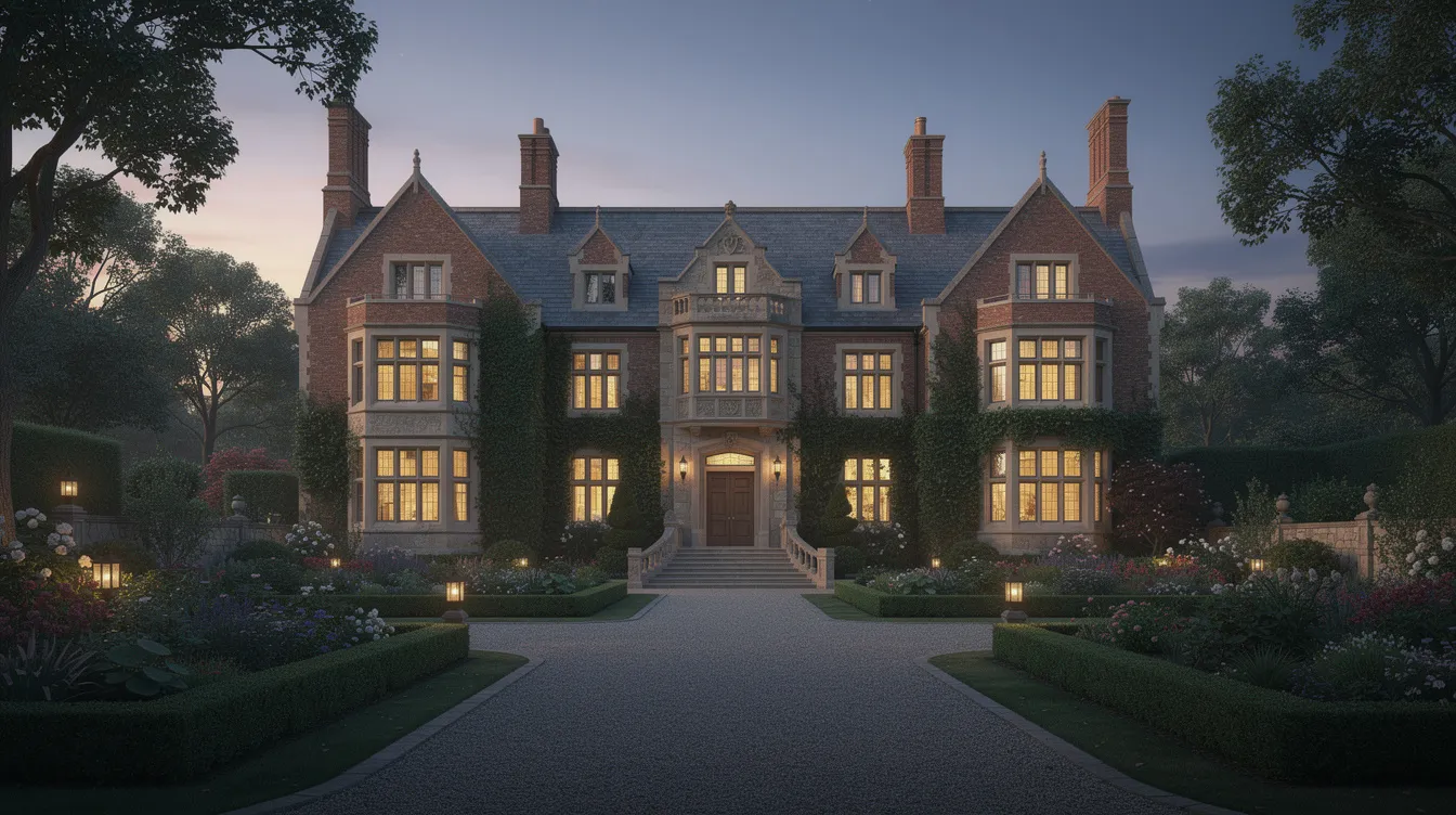 Ein majestätisches Anwesen im englischen Landhausstil ist bei Abenddämmerung zu sehen, umgeben von gepflegten Gärten und einer langen Auffahrt. Diese Szenerie könnte an die opulente Welt von Bruce Wayne aus "Batman Begins" erinnern, in der das Erbe und die Geschichte von Gotham City eine zentrale Rolle spielen.