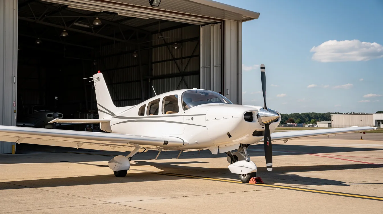 A small single-engine airplane is parked on a sunny airport ramp, with open hangar doors visible in the background, suggesting a lively atmosphere for flight training and aviation activities. This scene captures the essence of starting flight lessons and the journey towards obtaining a private pilot license.