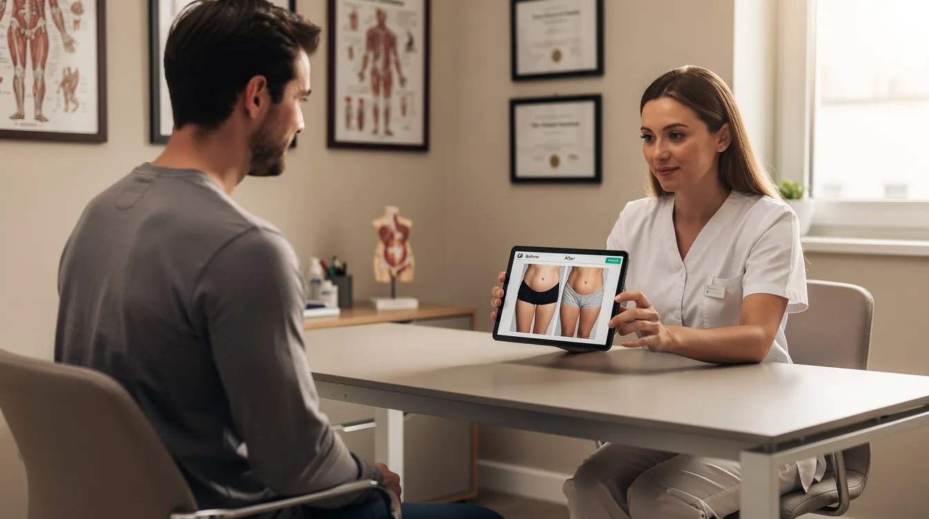 The image depicts a patient consultation room where a board-certified plastic surgeon is reviewing body-contouring photos on a tablet with a patient. The clinician discusses options for procedures like buttock augmentation and fat transfer, emphasizing the desired outcomes and treatment plans for achieving natural-looking results.