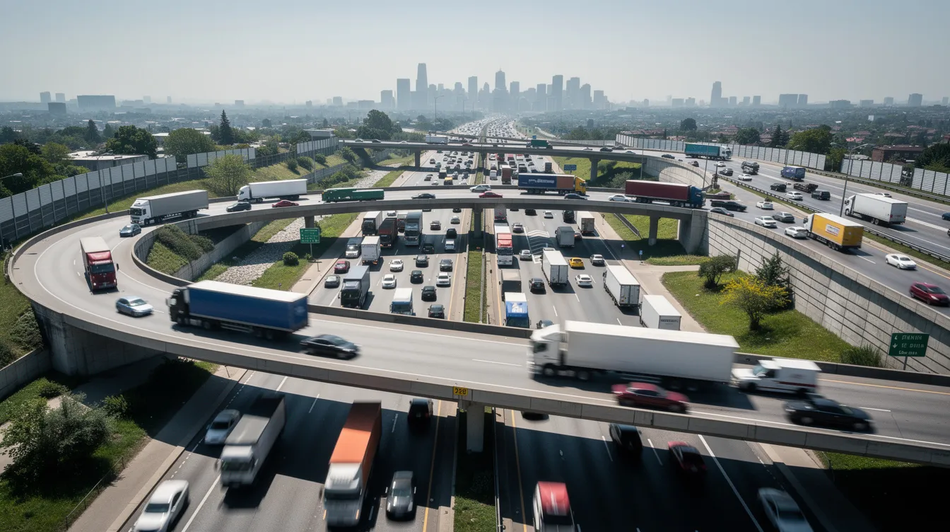 The image depicts a busy highway interchange bustling with commercial vehicles and cars during the daytime, showcasing the complexity and congestion often seen in urban traffic. This scene highlights the potential risks of truck accidents and vehicle collisions, emphasizing the importance of skilled legal representation for accident victims in Conroe, Texas.