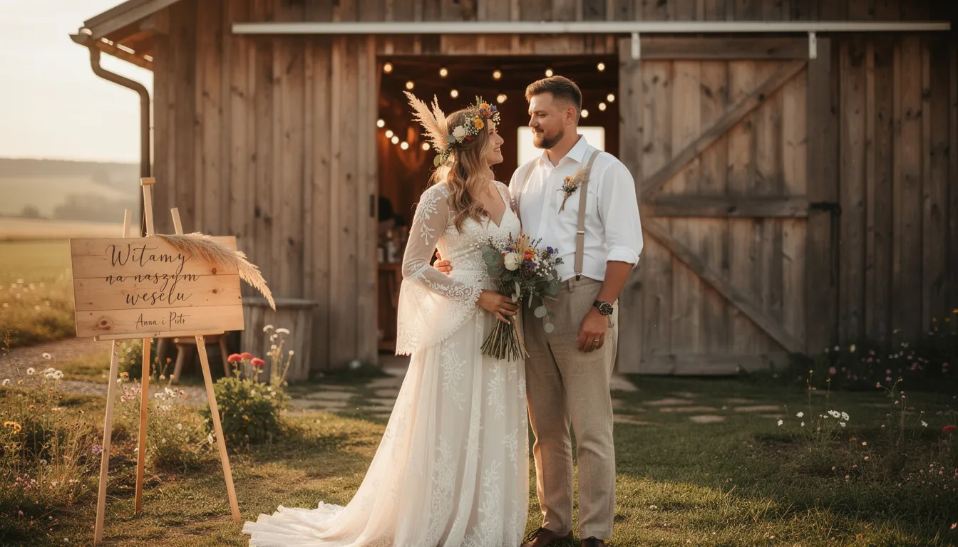 Garnitury boho – przewodnik na ślub i wesele 2026 13 Para młoda w stylu boho stoi przed drewnianą stodołą, otoczona naturalnym krajobrazem. Ich stroje, wykonane z lekkich tkanin w karmelowych brązach, doskonale oddają klimat elegancji i swobody, charakterystyczny dla stylu boho.