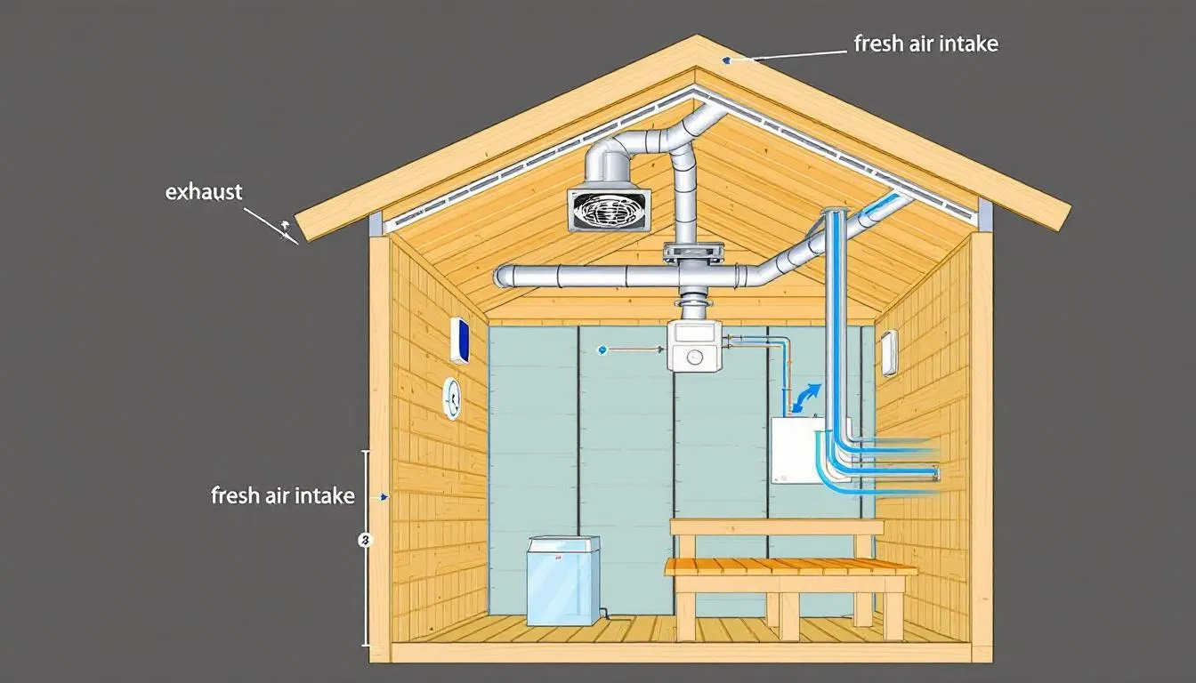 The image showcases a sauna room with a well-designed sauna ventilation system, featuring both upper and lower vents for effective air circulation. Fresh air supply is ensured by the intake vent, while the exhaust duct allows stale air to escape, promoting a comfortable sauna experience.