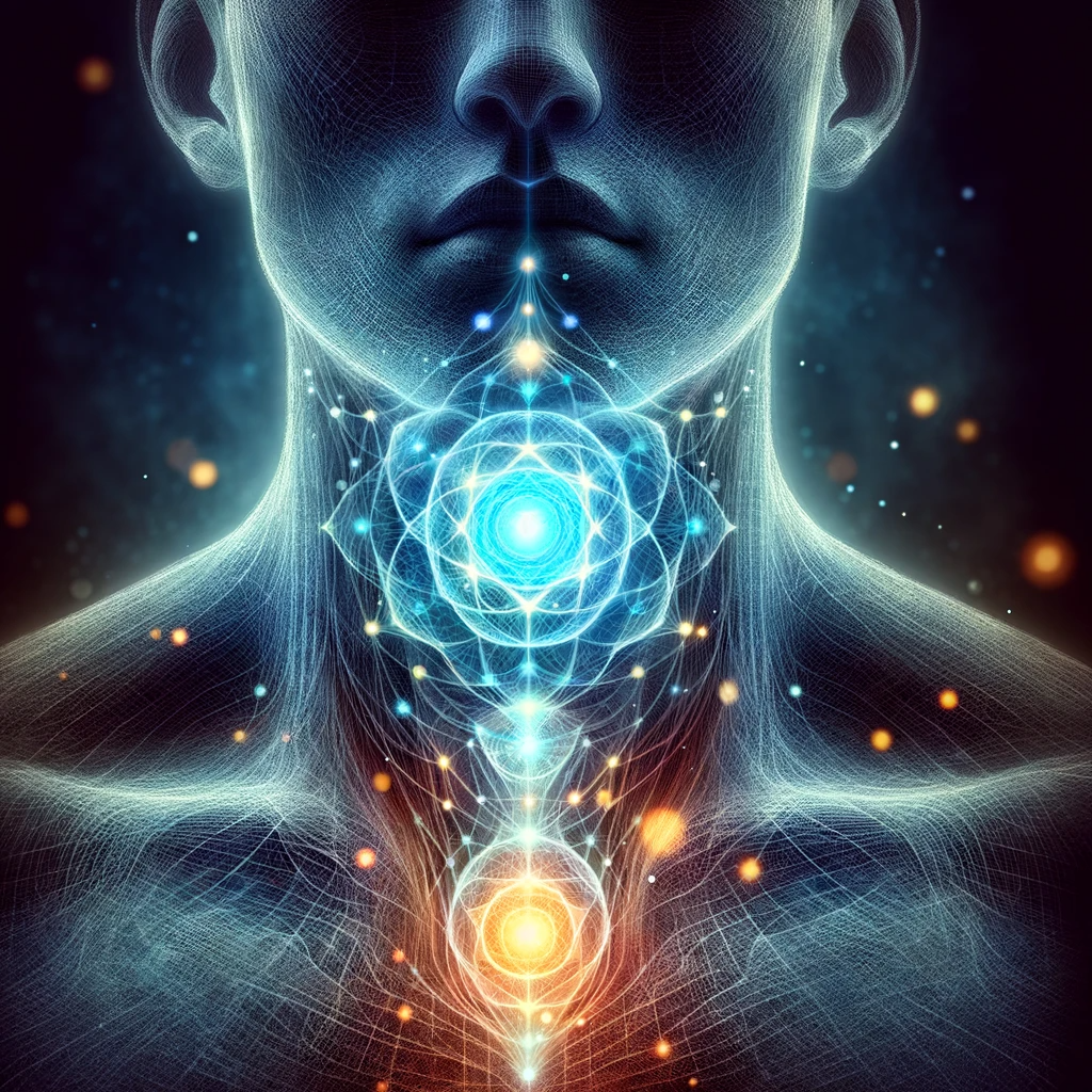"Unlock the power of expression with this intricate illustration of the Throat Chakra (Vishuddha Chakra). Radiating from the center of the throat, this image symbolizes the essence of communication and truth, with a luminous blue glow that signifies clarity, authenticity, and the power of words spoken with intention."