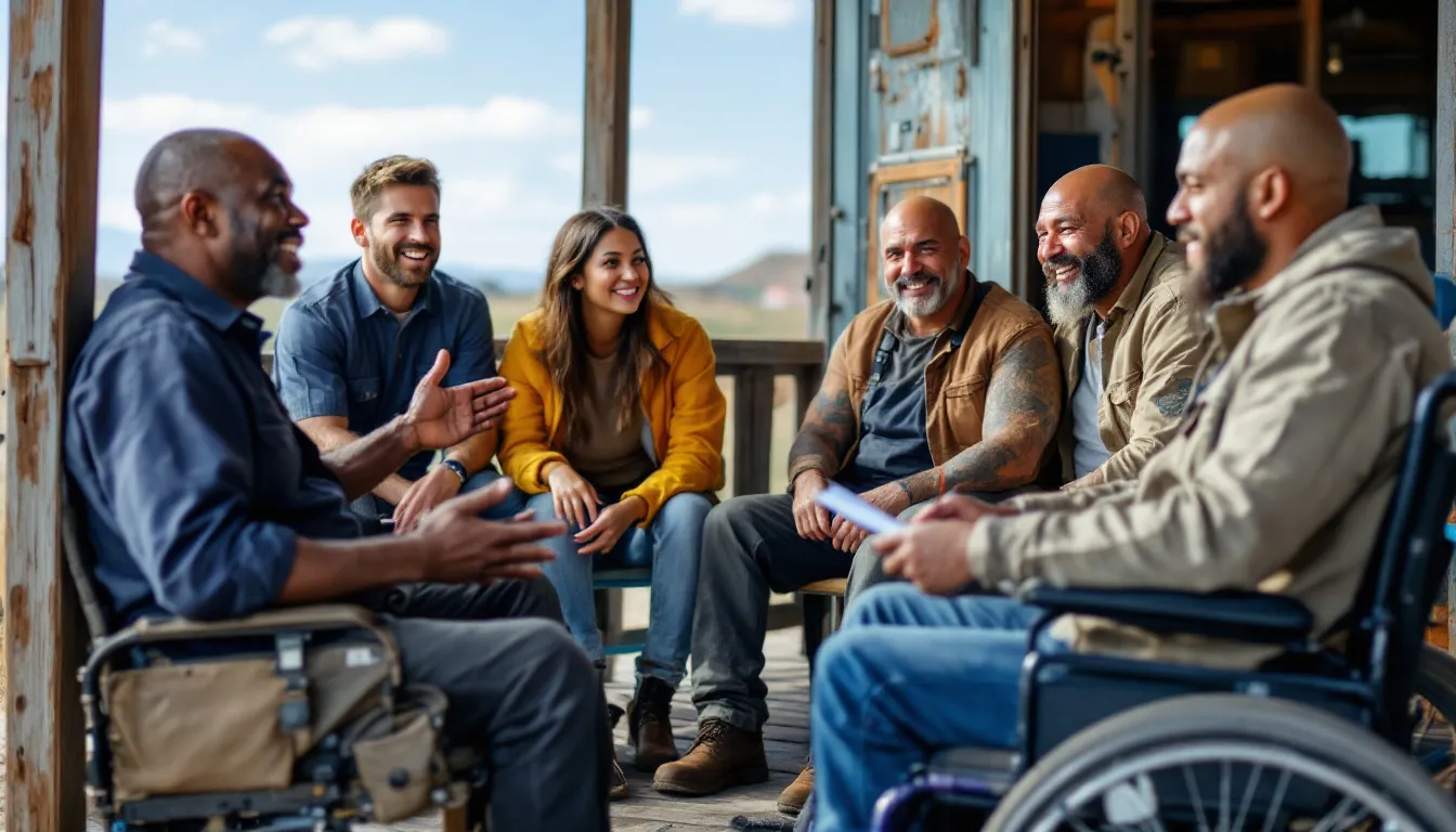 A diverse group of truck drivers discussing opportunities in the trucking industry.