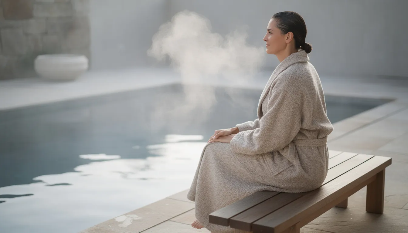 A person wrapped in a warm robe sits on a bench beside an outdoor cold plunge tub, with steam rising from their body, indicating a recent cold water immersion experience. The scene highlights the contrast between the chilly air and the warmth of their clothing, emphasizing the benefits of cold plunging for muscle recovery and overall health.