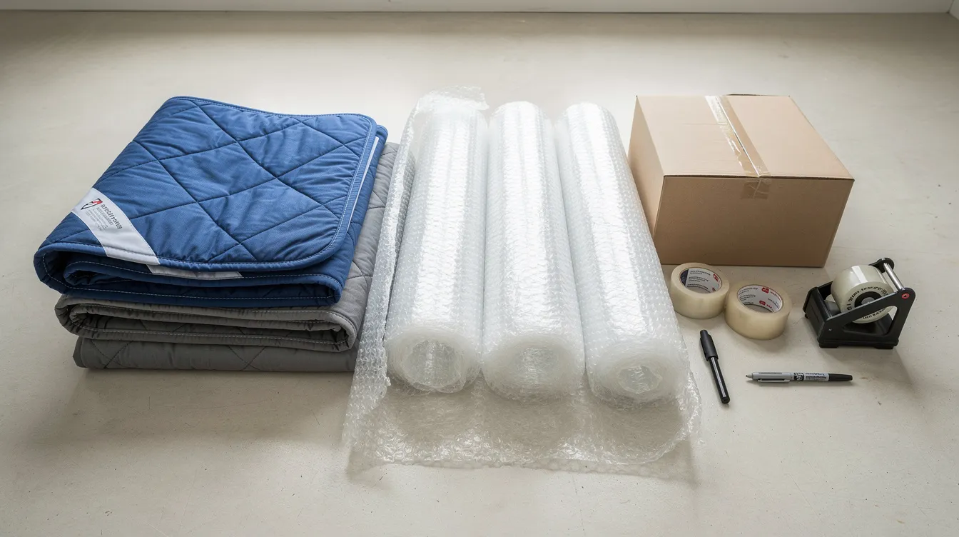 An assortment of moving supplies is neatly laid out, including bubble wrap, packing blankets, and packing tape, ready for the careful transport of delicate items like a grandfather clock. These materials will help protect the clock case, ensuring all components remain intact during the moving process.
