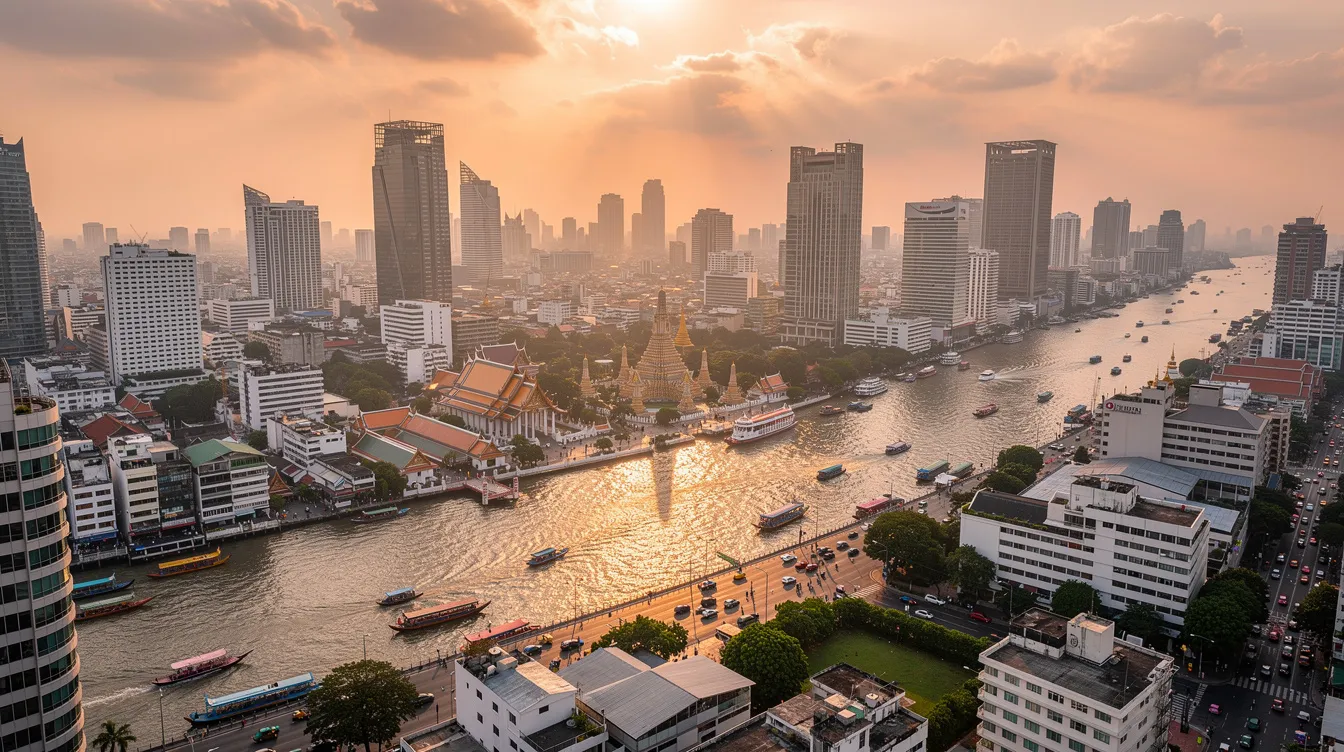 Imagem de Bangkok, a vibrante capital da Tailândia, com seus impressionantes templos budistas, como o Wat Phra Kaew e o Wat Arun, cercados por arranha-céus modernos e a agitação do mercado local. A cena captura a mistura única de tradição e modernidade que caracteriza essa cidade do sudeste asiático.