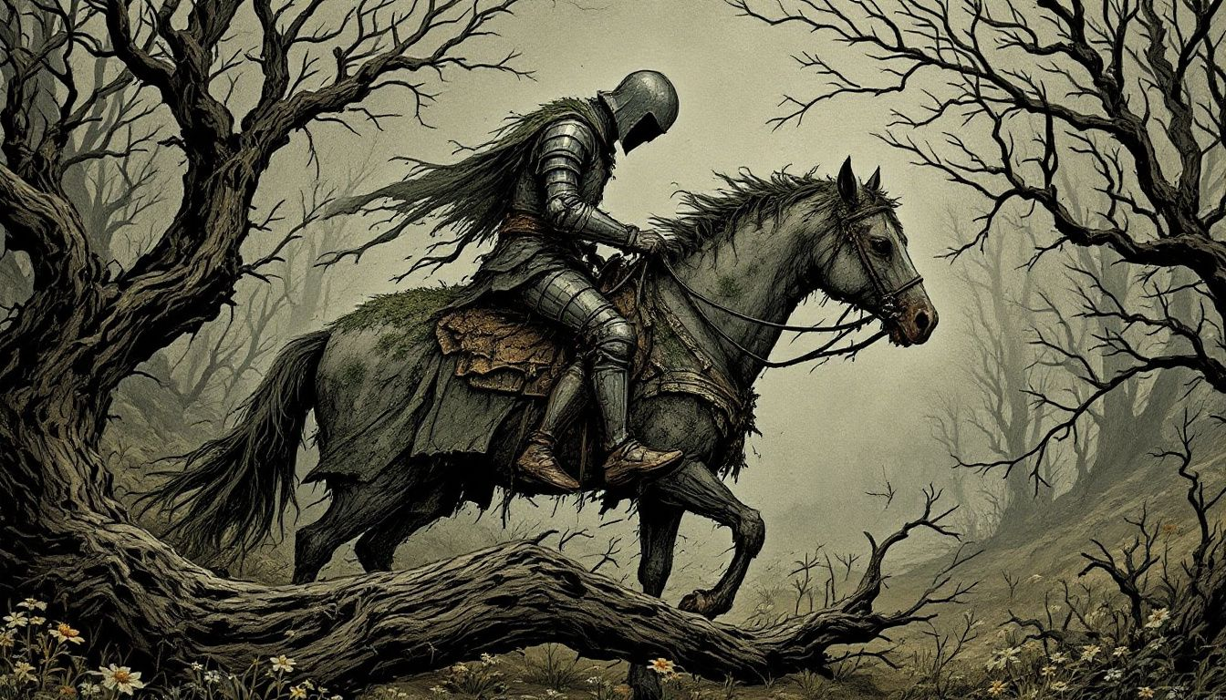 An artistic interpretation of the Knight of Pentacles tarot card in a reversed position.