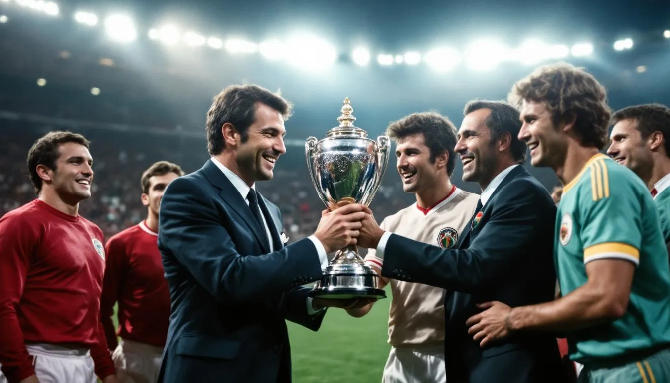 W obrazie przedstawiona jest ceremonia wręczenia trofeum podczas Euro 1968 we Włoszech, gdzie drużyna zwycięska odbiera Puchar Narodów Europy. To ważne wydarzenie w historii mistrzostw Europy w piłce nożnej mężczyzn symbolizuje sukces i radość sportowców.