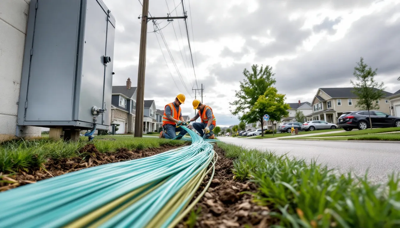 The image shows workers installing fiber optic cables in a residential neighborhood, ensuring reliable internet access for homes. This installation is part of enhancing services like Verizon home internet, which offers high-speed connections for streaming and gaming.