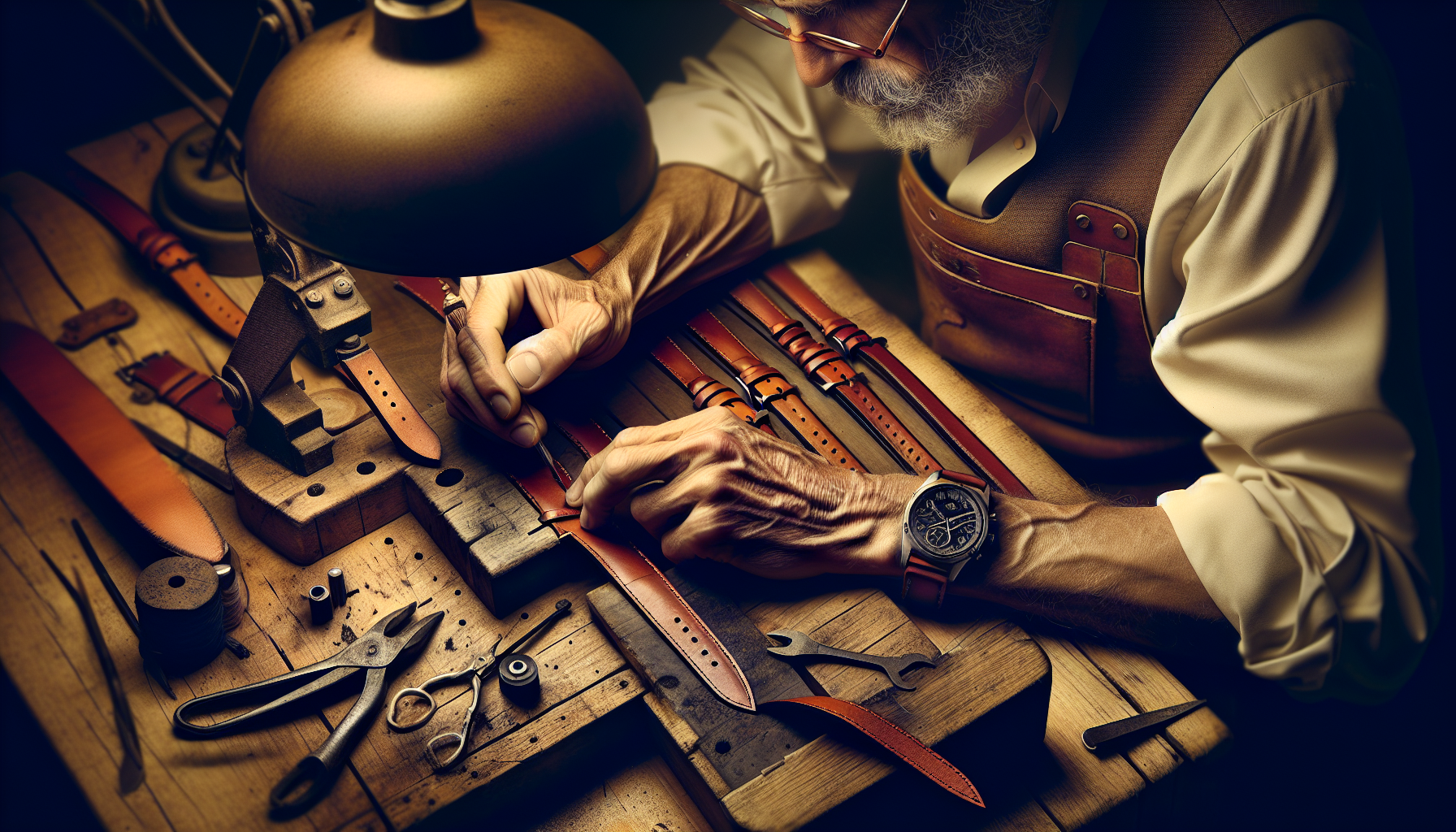 Skilled artisan crafting a leather watch strap