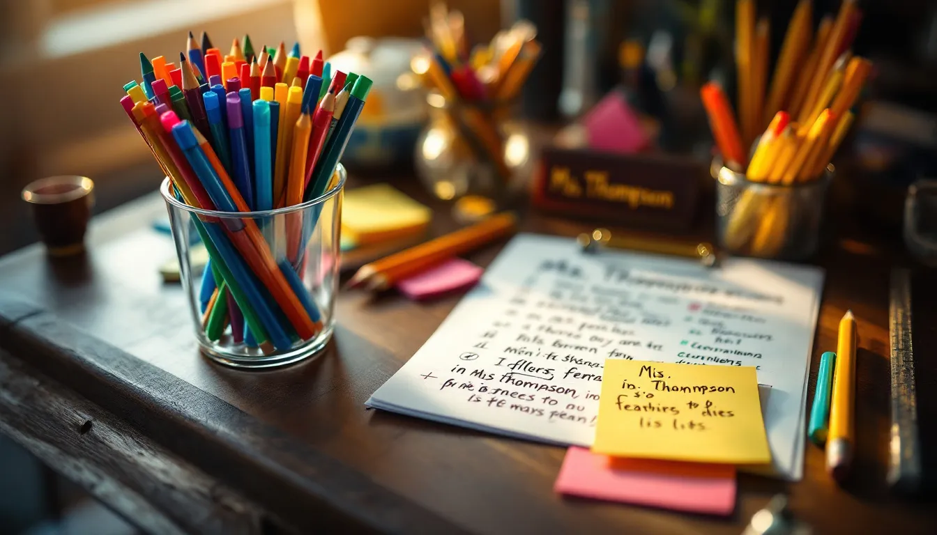 A clear pen cup filled with colorful flair pens sits beside a grading sheet, sticky notes, and a nameplate on a wooden desk, illuminated by soft classroom lighting. This scene captures a teacher's desk, highlighting thoughtful teacher appreciation gifts that brighten the school day.