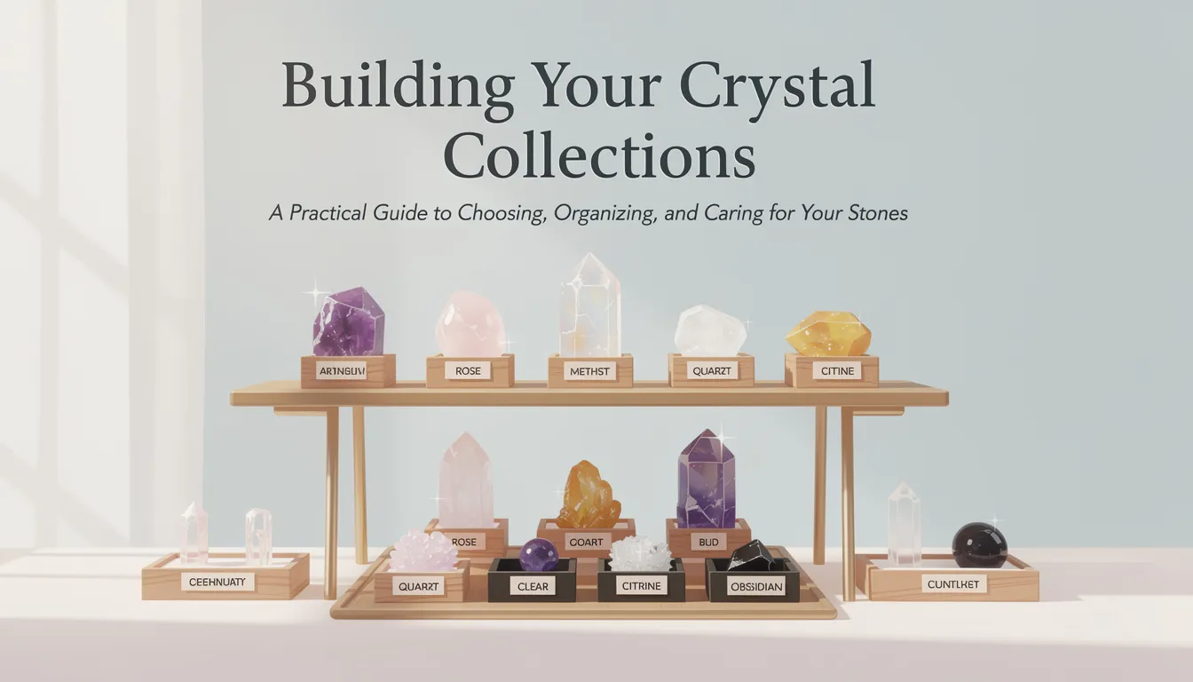 An inviting display showcases a variety of natural crystals, including amethyst, lapis lazuli, and herkimer diamonds, arranged beautifully to represent a collection of healing crystals. Each stone reflects its unique colors and textures, inviting viewers to explore the world of crystals and enhance their emotional well-being.