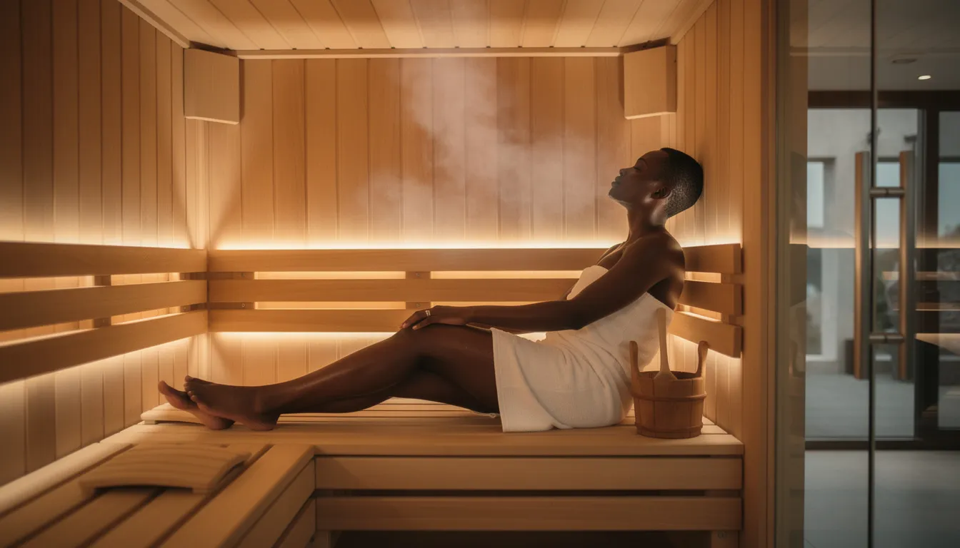 An African person is relaxing inside a modern wooden home sauna, surrounded by natural elements and warm lighting. This infrared sauna offers a wellness routine with health benefits, utilizing infrared heat for a complete therapeutic experience.
