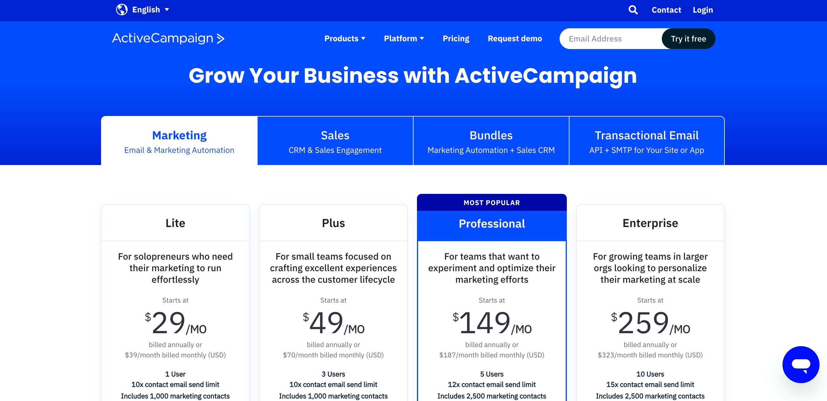 ActiveCampaign Pricing Page