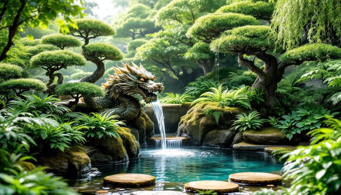 A beautiful garden fountain surrounded by lush greenery.