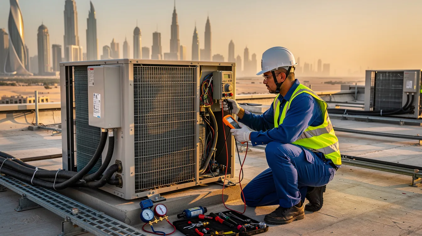 An AC technician is inspecting an outdoor air conditioning unit on the rooftop of a Dubai building, ensuring the system's efficiency and proper maintenance. The technician is focused on the unit, which is crucial for maintaining indoor air quality and providing reliable cooling services in the region.