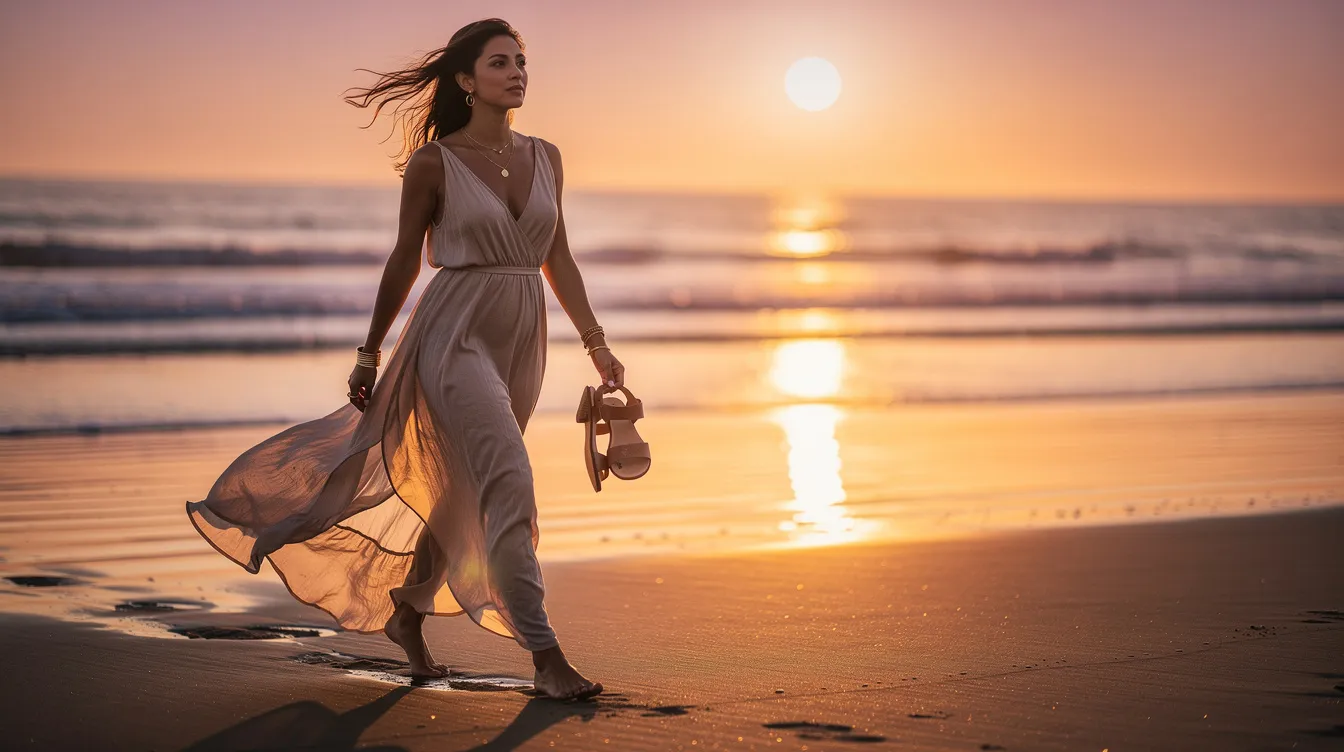 A woman in a flowing, floor-length maxi dress walks along a beach at sunset, with golden light reflecting off the water. She wears delicate gold jewelry, holds sandals in her hand, and embodies effortlessly chic resort wear perfect for warm weather vacations.