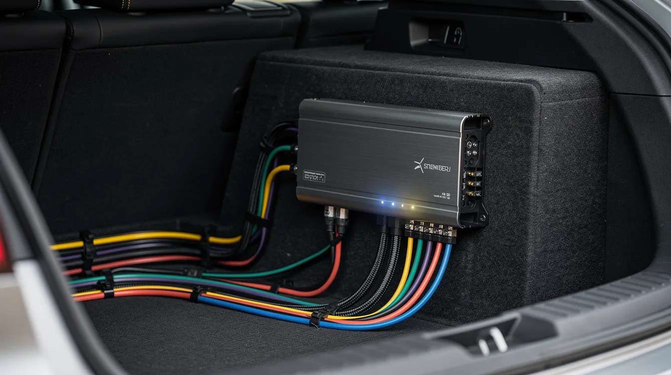 The image shows a neatly mounted car audio amplifier in a vehicle trunk, positioned alongside subwoofer wiring. This setup highlights the use of class D amplifiers, known for their high efficiency and excellent sound quality, making them a popular choice for car audio systems.