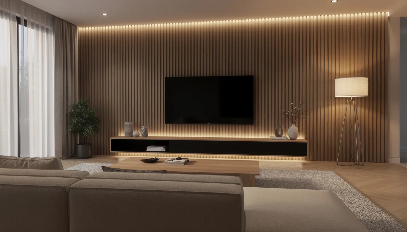 Een moderne woonkamer met een houten lattenwand achter een groot tv-meubel, verlicht door warme verlichting. De ruimte is ingericht met designmeubels die een esthetische en comfortabele sfeer creëren.