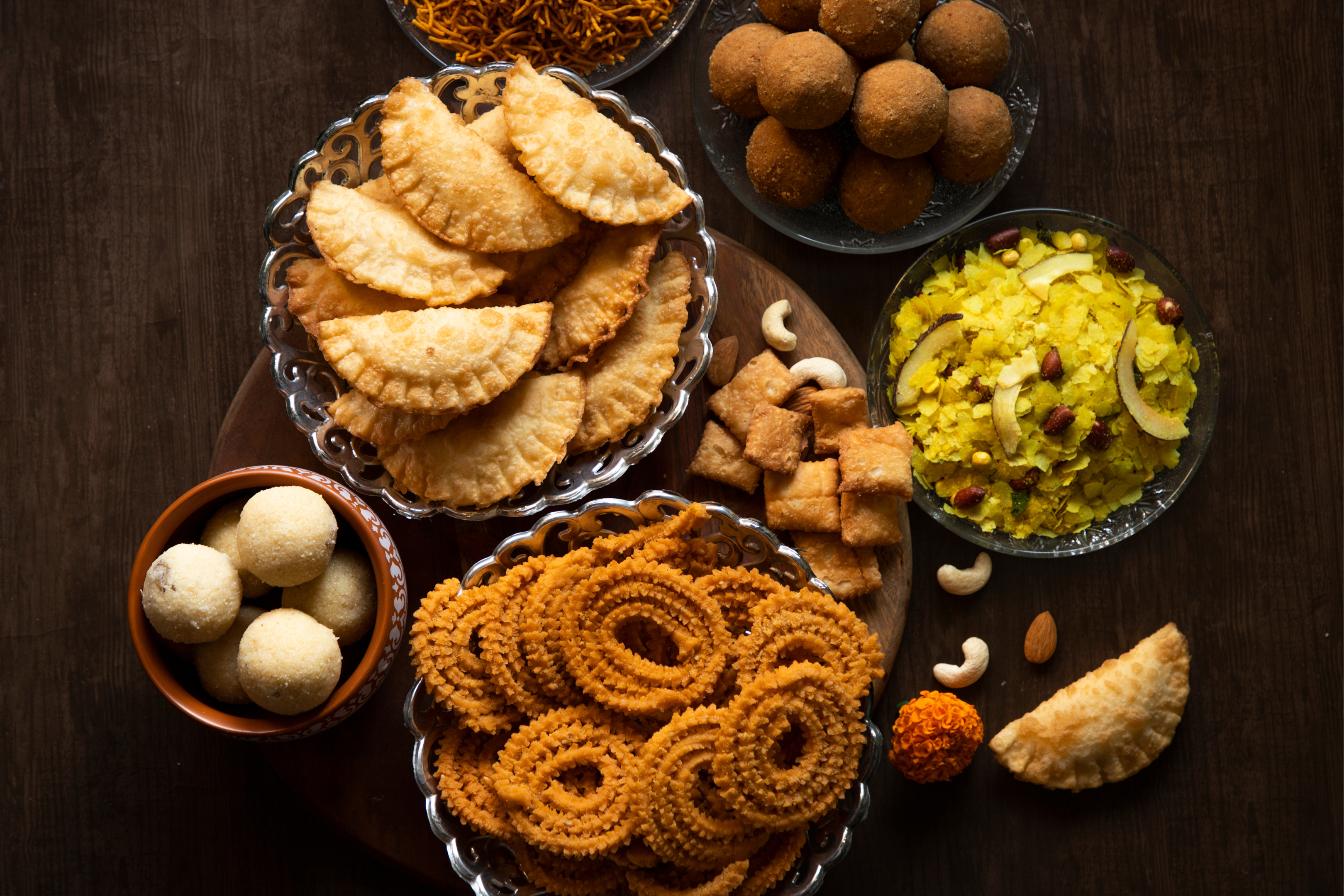 A spread of foods from a Diwali celebration