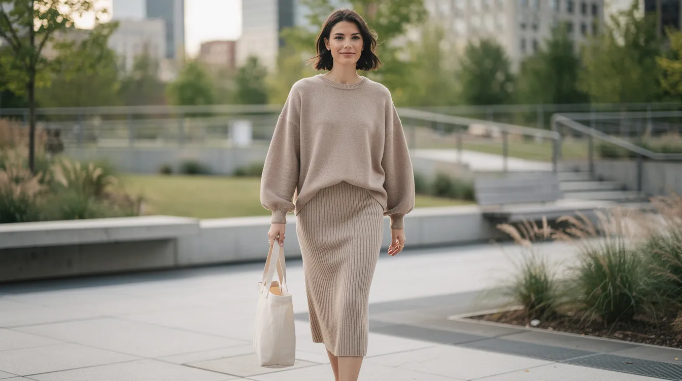 A woman is walking through an urban park wearing a stylish ribbed midi skirt paired with a boxy sweatshirt, complemented by ankle boots. She carries a tote bag, showcasing a chic and casual outfit perfect for a cool day in the fall season.