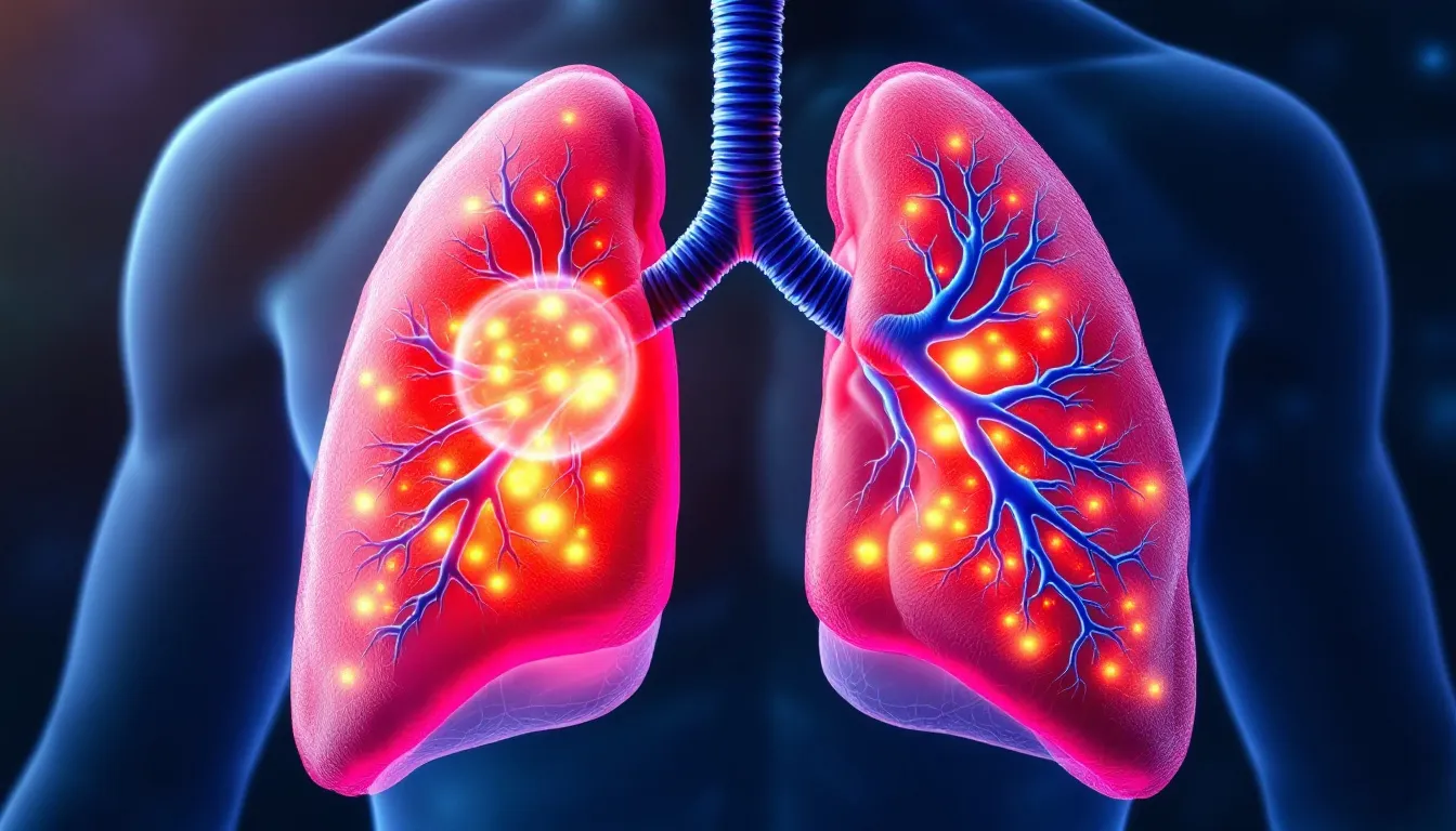 An illustration showing the lungs with inflammation, representing pneumonia.