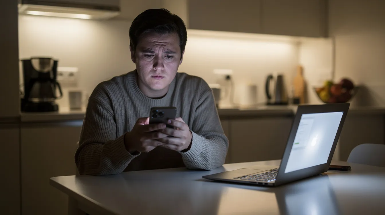 A person sits at a kitchen table, looking at their phone with a concerned expression while a laptop is open beside them, highlighting the potential security risks and challenges of managing finances through digital banking services. This scene reflects the complexities of online banking, where users must navigate issues like identity theft and customer support without the personal relationships found in traditional banking.