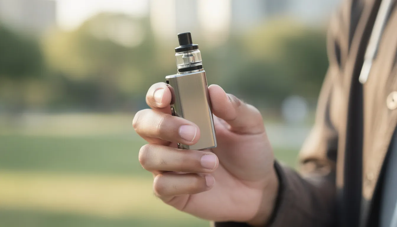 A person is holding a compact vape device outdoors, surrounded by natural lighting. The device could be filled with flavors like strawberry raspberry ice or fresh mint, showcasing a modern vaping experience.