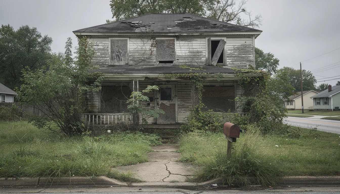 An abandoned single-family house with boarded windows and dense overgrown vegetation, illustrating a distressed property that could attract real estate investors and motivated sellers seeking profitable deals in the real estate wholesaling business.