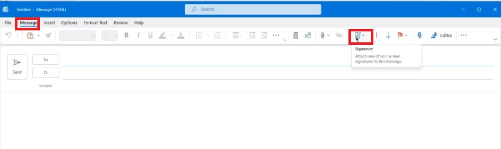 Signatures dropdown in Microsoft Outlook