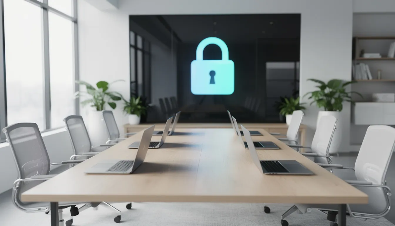L'image montre un espace de travail moderne avec plusieurs ordinateurs portables disposés sur un bureau, tandis qu'un symbole de cadenas lumineux en arrière-plan évoque les enjeux de la cybersécurité et la protection des données sensibles en entreprise. Ce cadre souligne l'importance des bonnes pratiques en matière de sécurité informatique.