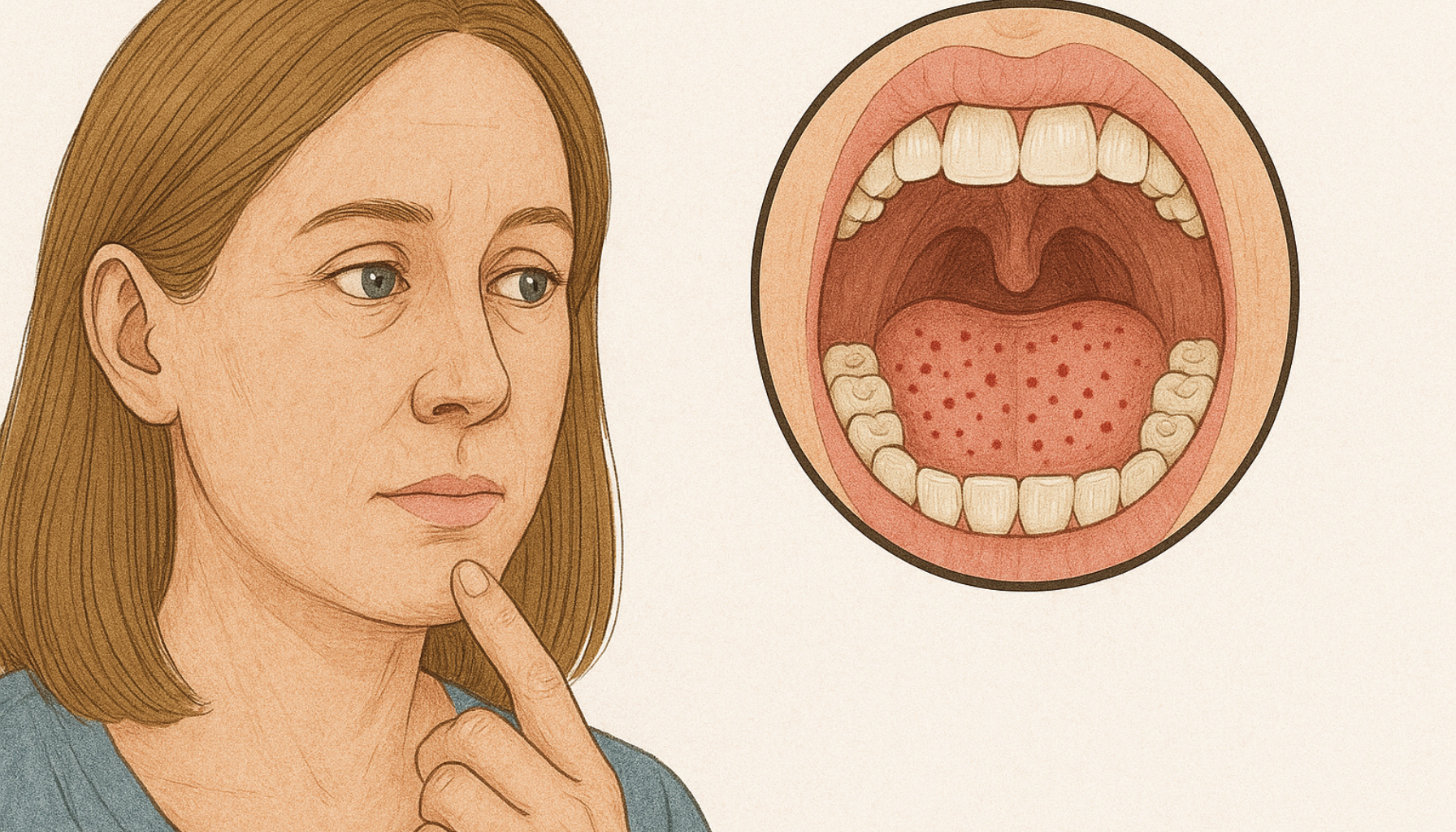 Kvinne ser etter små røde blodflekker, petechier, synlige inne i munnhulen på tunge og gane.