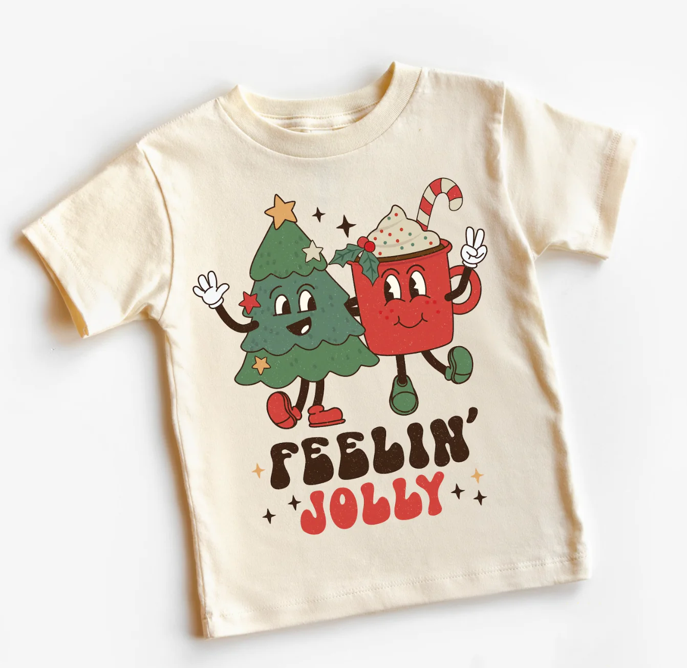 cream tee with fun Christmas tree and mug graphics