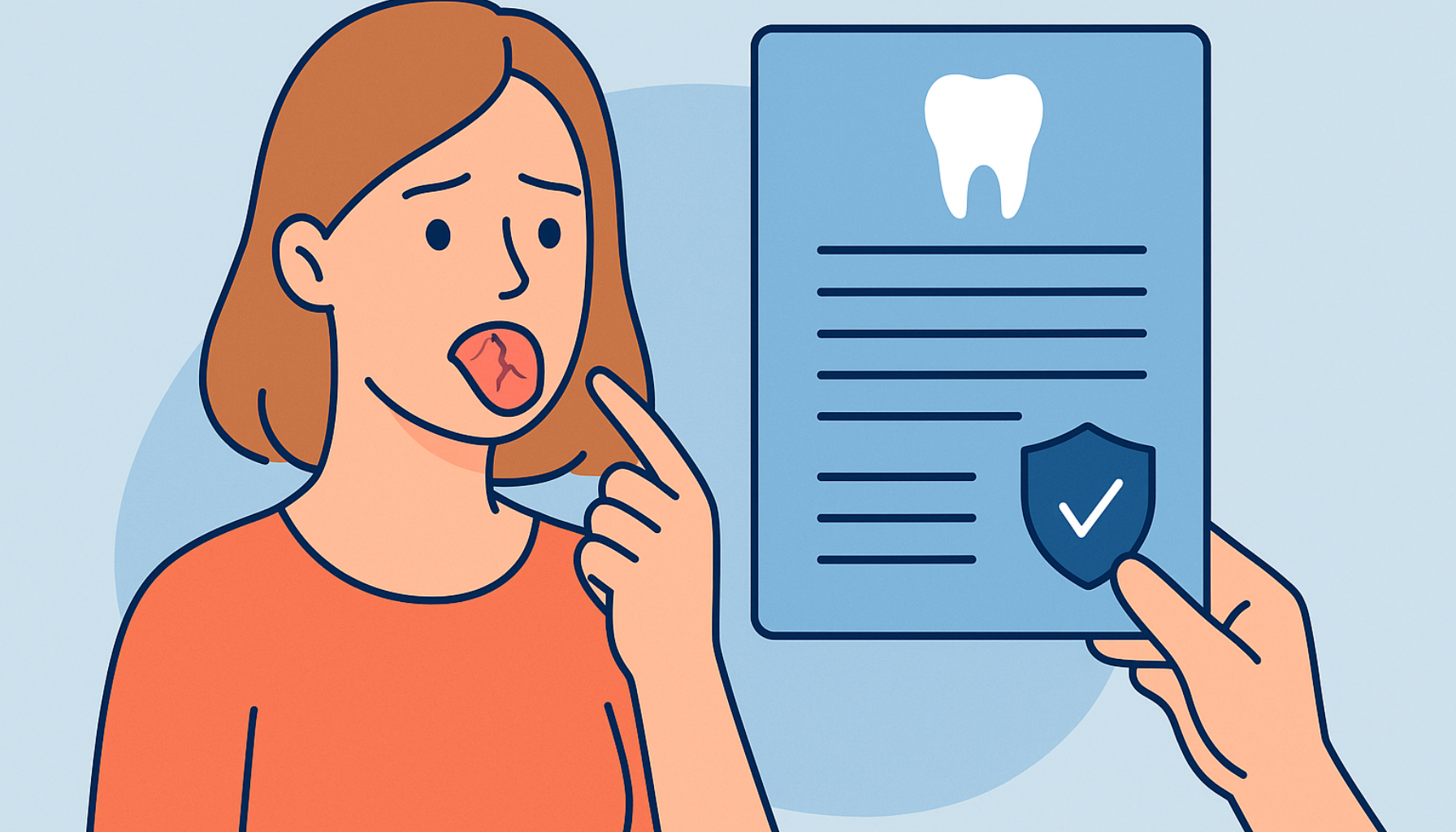 Munntørrhet tannlege refusjon: Hva har du rett på å få dekket 9 Illustrasjon av kvinne med tørr munn som peker på tungen mens en hånd holder skjema for tanntrygd.
