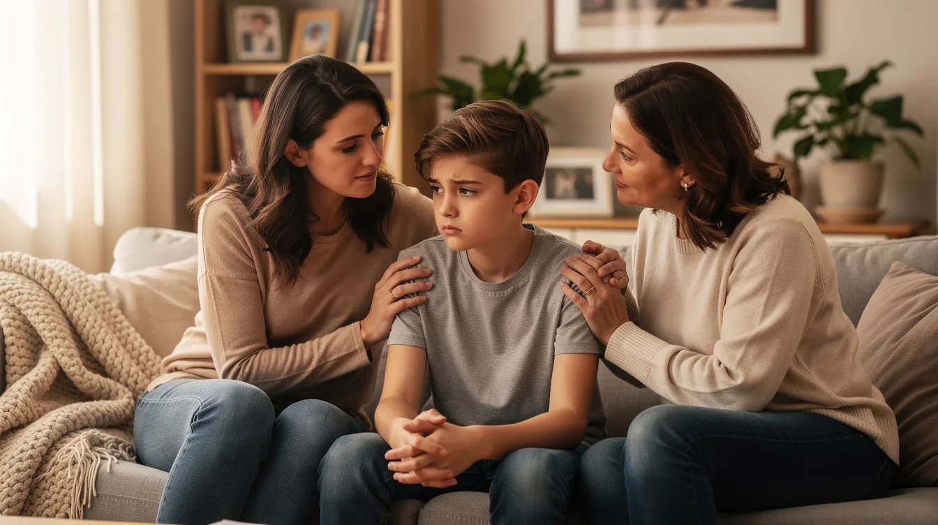 A caring family sits together on a couch, with a thoughtful teenager receiving support from their parents, highlighting the importance of family-focused therapy in managing bipolar disorder and coping with mood swings. This scene emphasizes the role of a supportive environment in addressing mental health challenges.