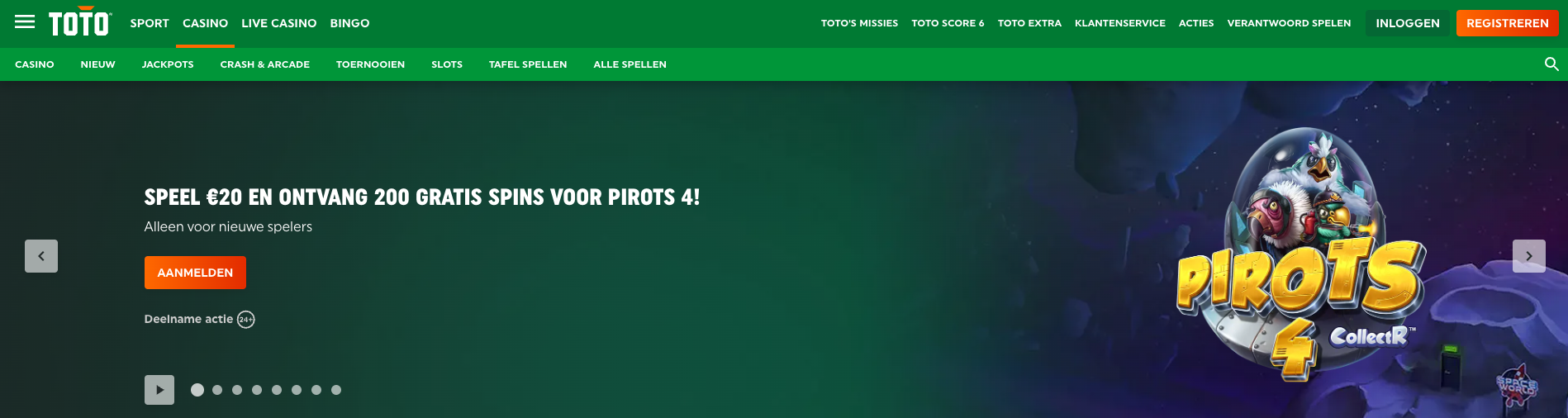 TOTO casino welkomstbonus met storting – speel €20 en ontvang 200 gratis spins voor Pirots 4 bij legaal Nederlands casino, inclusief storting bonussen en voorwaarden voor bonus claimen.