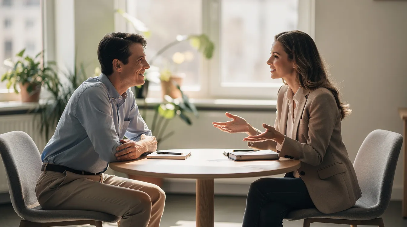 Deux professionnels discutent dans un environnement lumineux et apaisant, mettant en avant l'importance de l'équilibre entre vie professionnelle et vie personnelle pour le bien-être des employés. Cette conversation illustre les enjeux du développement personnel et de la santé mentale dans le monde du travail.