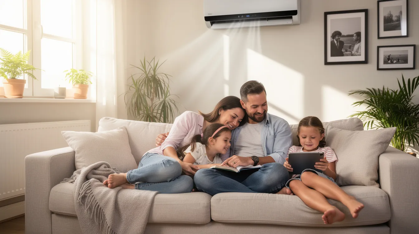 A family is comfortably relaxing in their living room, enjoying the cool air provided by their energy-efficient air conditioning system. The scene captures a natural atmosphere in a residential home, emphasizing the comfort and quality of indoor air.