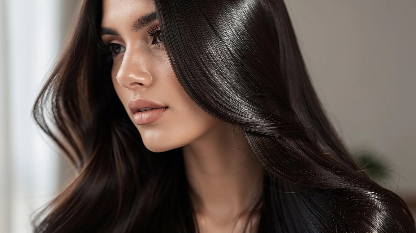 The image features a woman with healthy, shiny dark hair flowing gracefully in natural light, highlighting the natural beauty and vitality of her hair. This vibrant look suggests the use of nourishing products like batana oil, which promotes hair growth and enhances shine, making her hair appear full of life and well-cared-for.