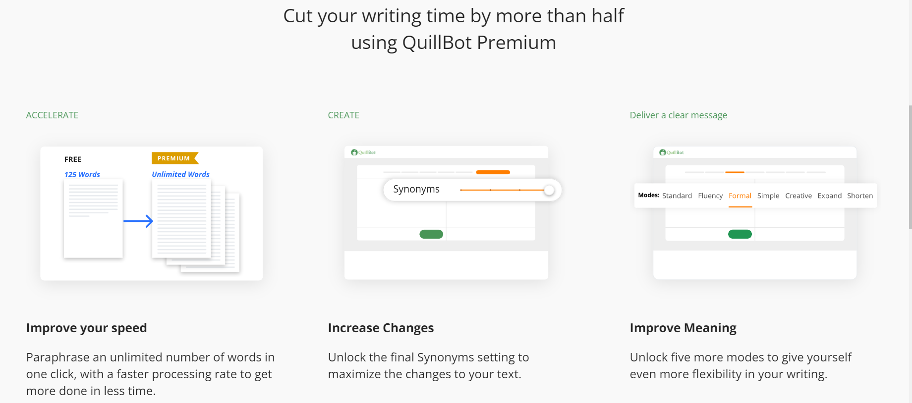 Quillbot Landing Page - "Cut your writing time by more than half using Quillbot Premium" 