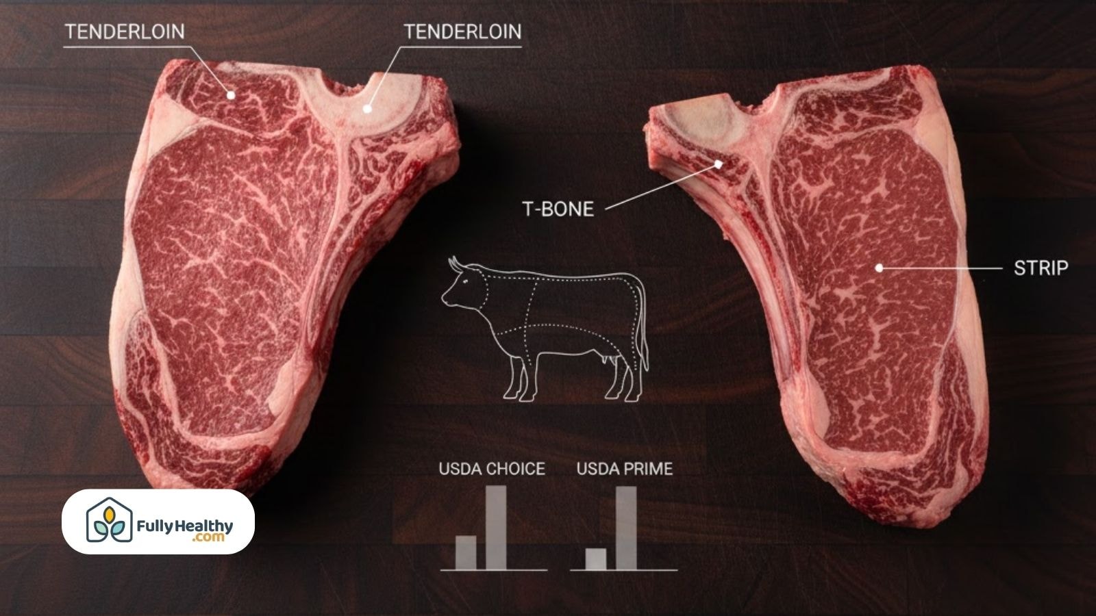 Comparison of porterhouse and T-bone steaks with labeled meat sections