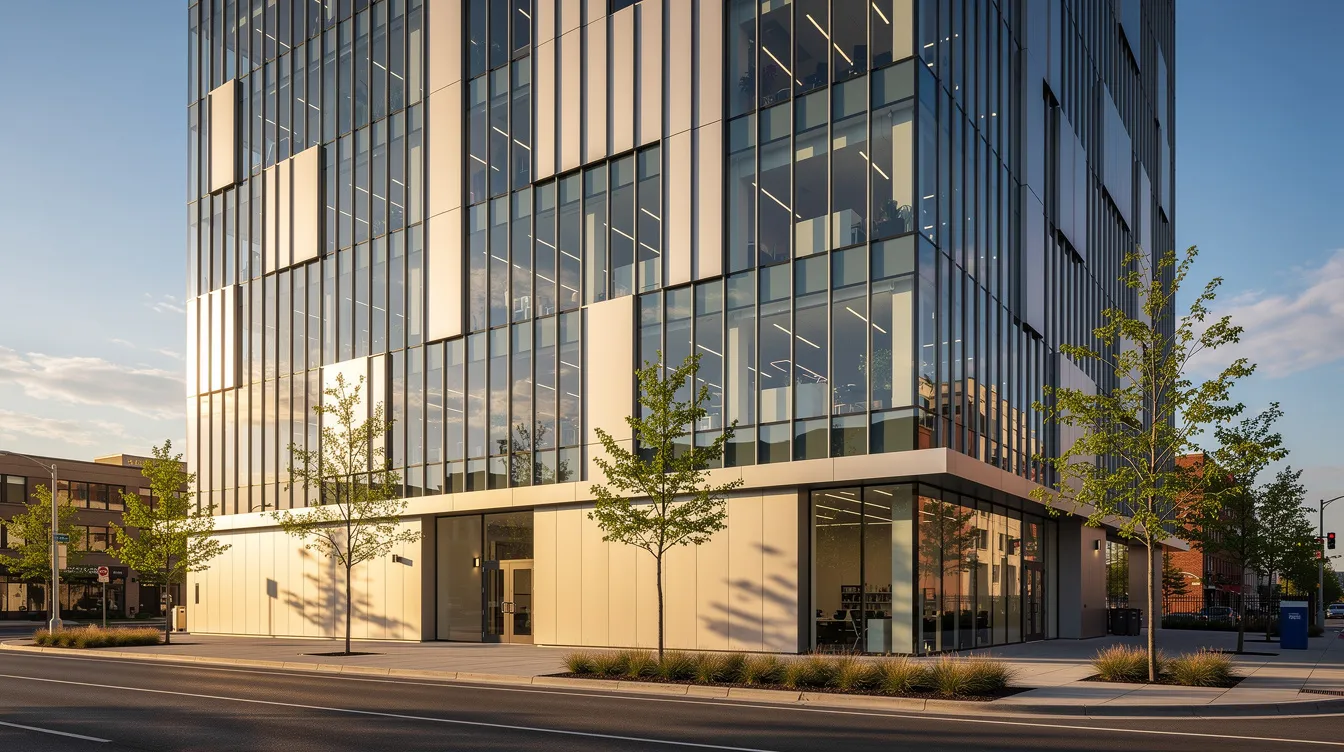 The image depicts a modern commercial building with sleek metal cladding and a glass curtain wall, illuminated by afternoon sunlight. This architectural design reflects the innovative spirit of industrial companies, showcasing a high-performing manufacturing website that attracts potential customers and enhances business growth.