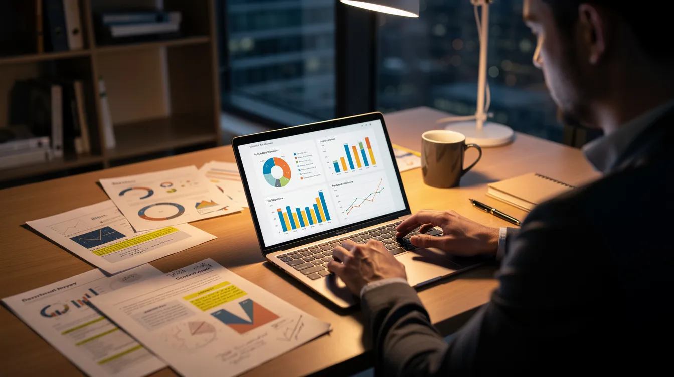 Une personne travaille sur son ordinateur portable pour préparer des diapositives de présentation commerciale, entourée de graphiques et de documents étalés sur un bureau. Cette scène illustre l'importance de la préparation dans le processus de négociation commerciale, où chaque détail compte pour parvenir à un accord réussi.