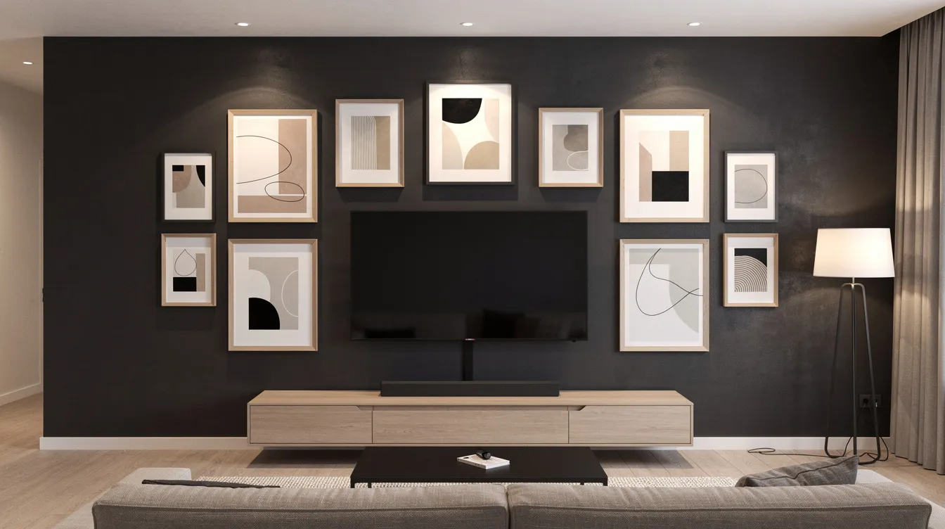 En mörk kolgrå accentvägg pryder vardagsrummet, där en platt-TV är omgiven av en gallerivägg med inramade konsttryck i svart och trä. Den stiliga inredningen ger rummet en modern och inspirerande känsla.